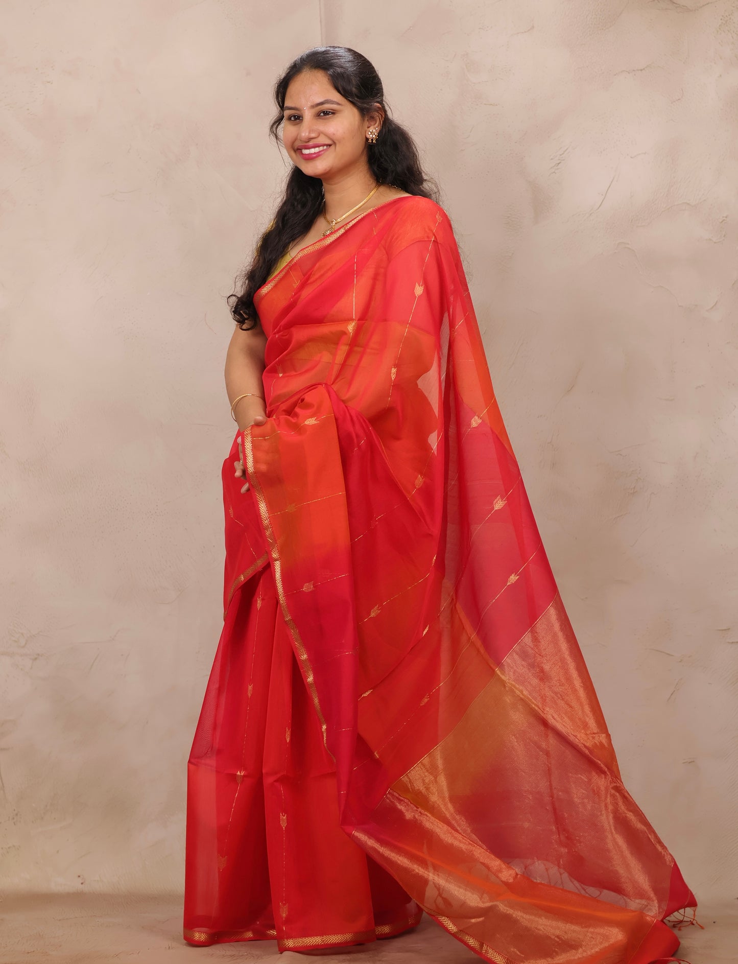 Orange Handloom Maheswari Silk Cotton Sarees | Looms & Tassels