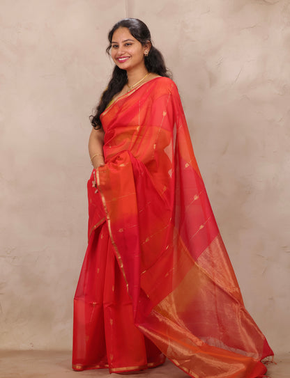 Orange Handloom Maheswari Silk Cotton Sarees | Looms & Tassels