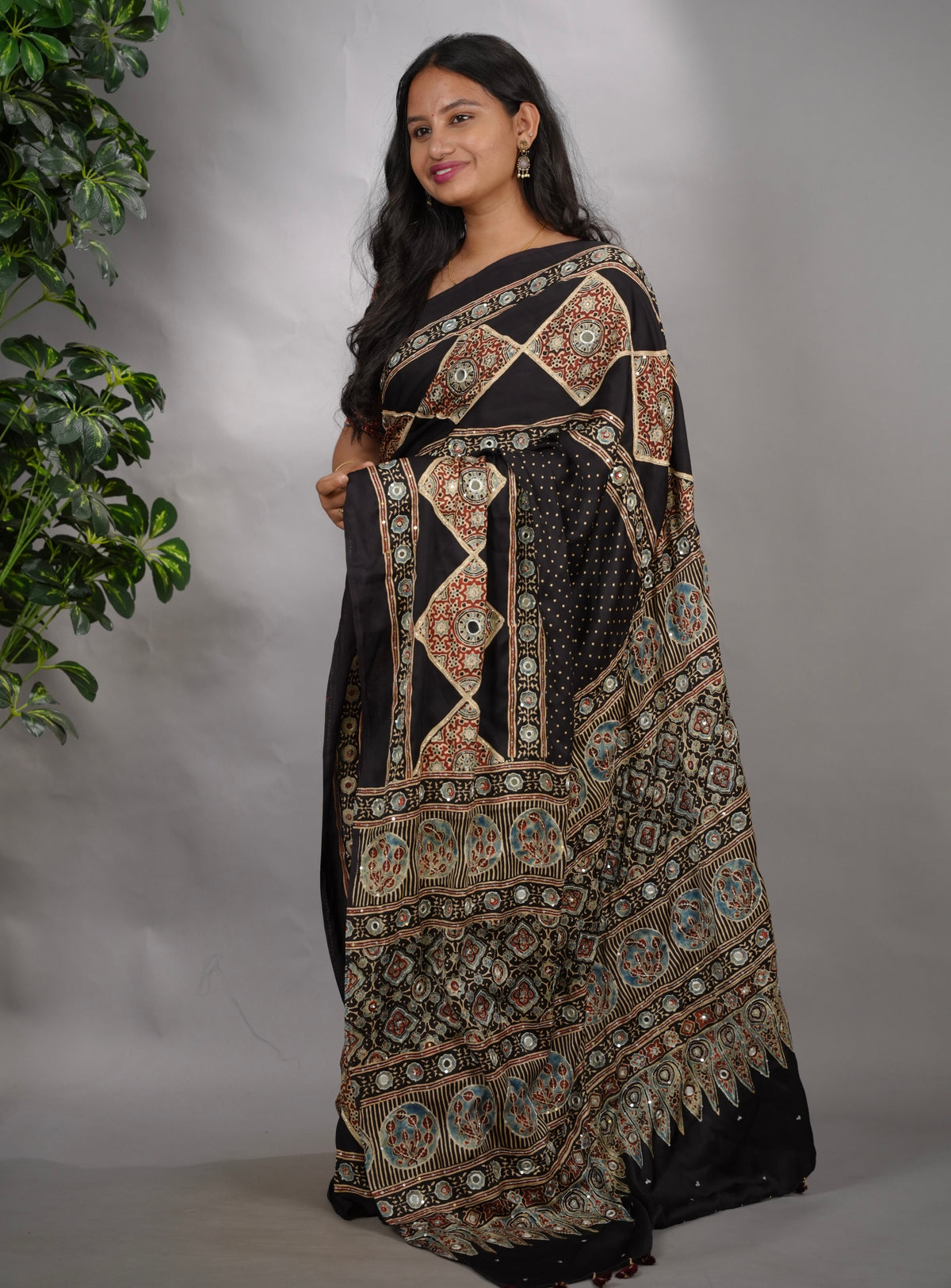 Black Ajrakh Modal Silk Hand Embroidery Saree  | Looms & Tassels