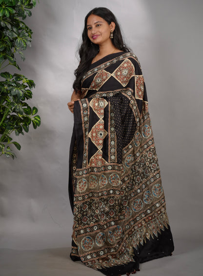 Black Ajrakh Modal Silk Hand Embroidery Saree  | Looms & Tassels