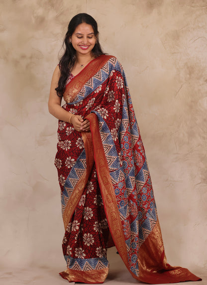 Floral Ajrakh Handblock printed Dola Silk Saree | Looms & Tassels