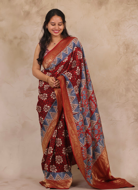 Floral Ajrakh Handblock printed Dola Silk Saree | Looms & Tassels