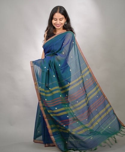 Peacock Blue Narayanpet Cotton Saree With Butta Weaving | Looms & Tassels