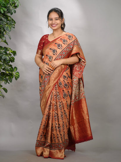 Onion Pink Ajrakh Handblock printed Dola Silk Saree| Looms & Tassels