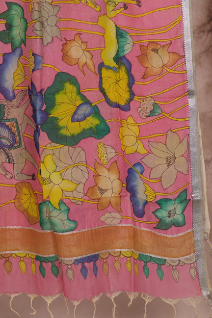 Pastel Pink Pen Kalamkari Mangalagiri silk Dupatta