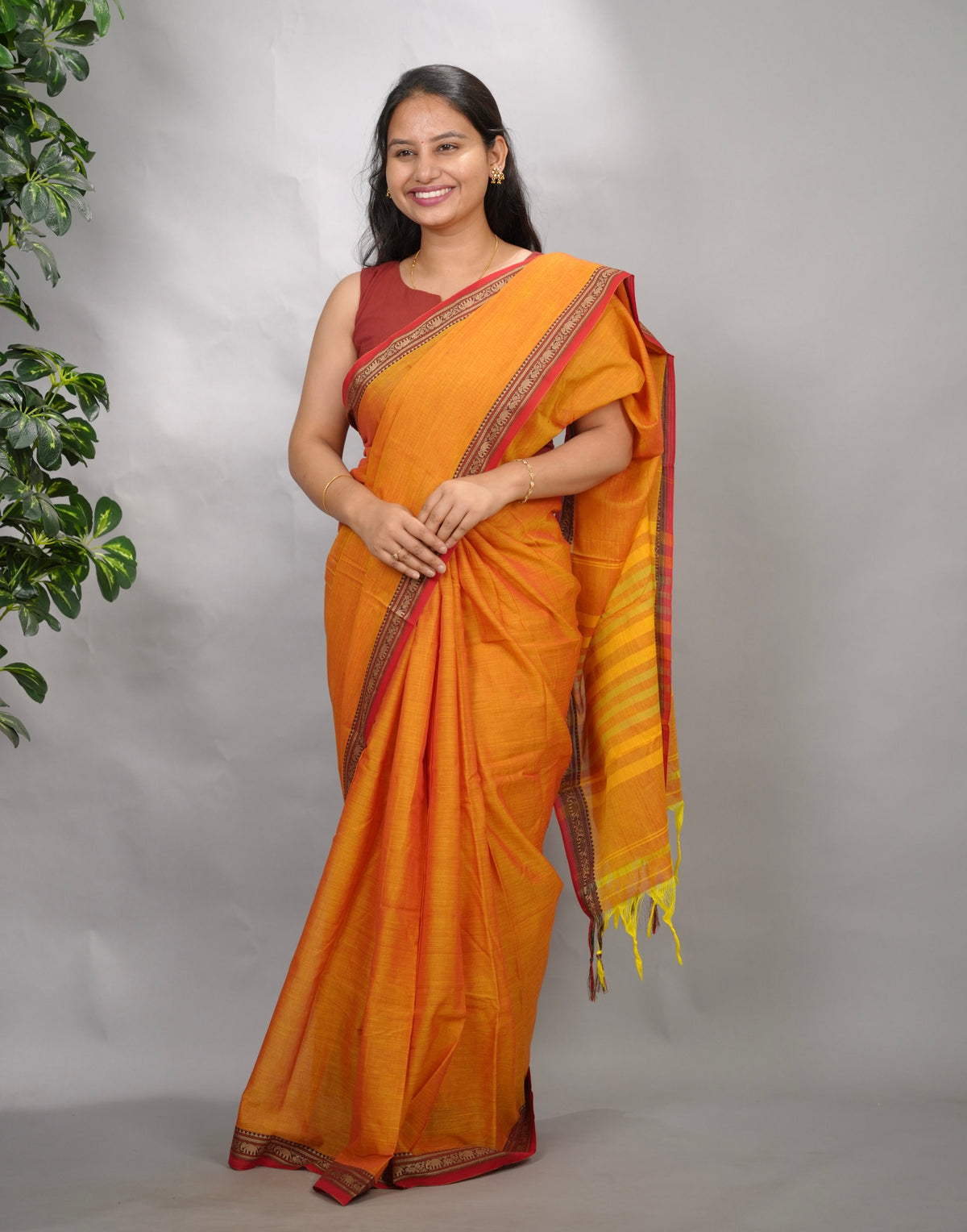 Festive Orange Narayanpet Cotton Saree | Looms & Tassels