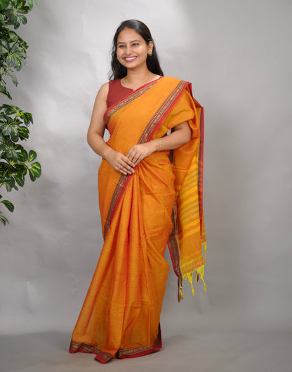 Festive Orange Narayanpet Cotton Saree | Looms & Tassels