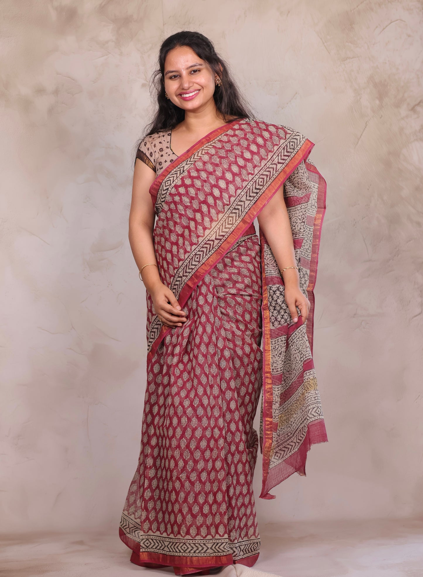 Onion Pink Pure Kota Doria Saree with Bagru Handblock Prints | Looms & Tassels