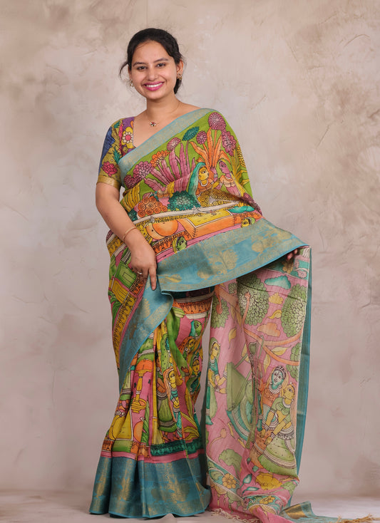 Hand Drawn Pen Kalamkari Green And Skyblue Bangalore Silk Kanchi Border Saree | Looms & Tassels
