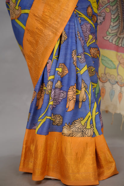 Blue Hand Drawn Pen Kalamkari Bangalore Silk Kanchi Border Saree | Looms & Tassels