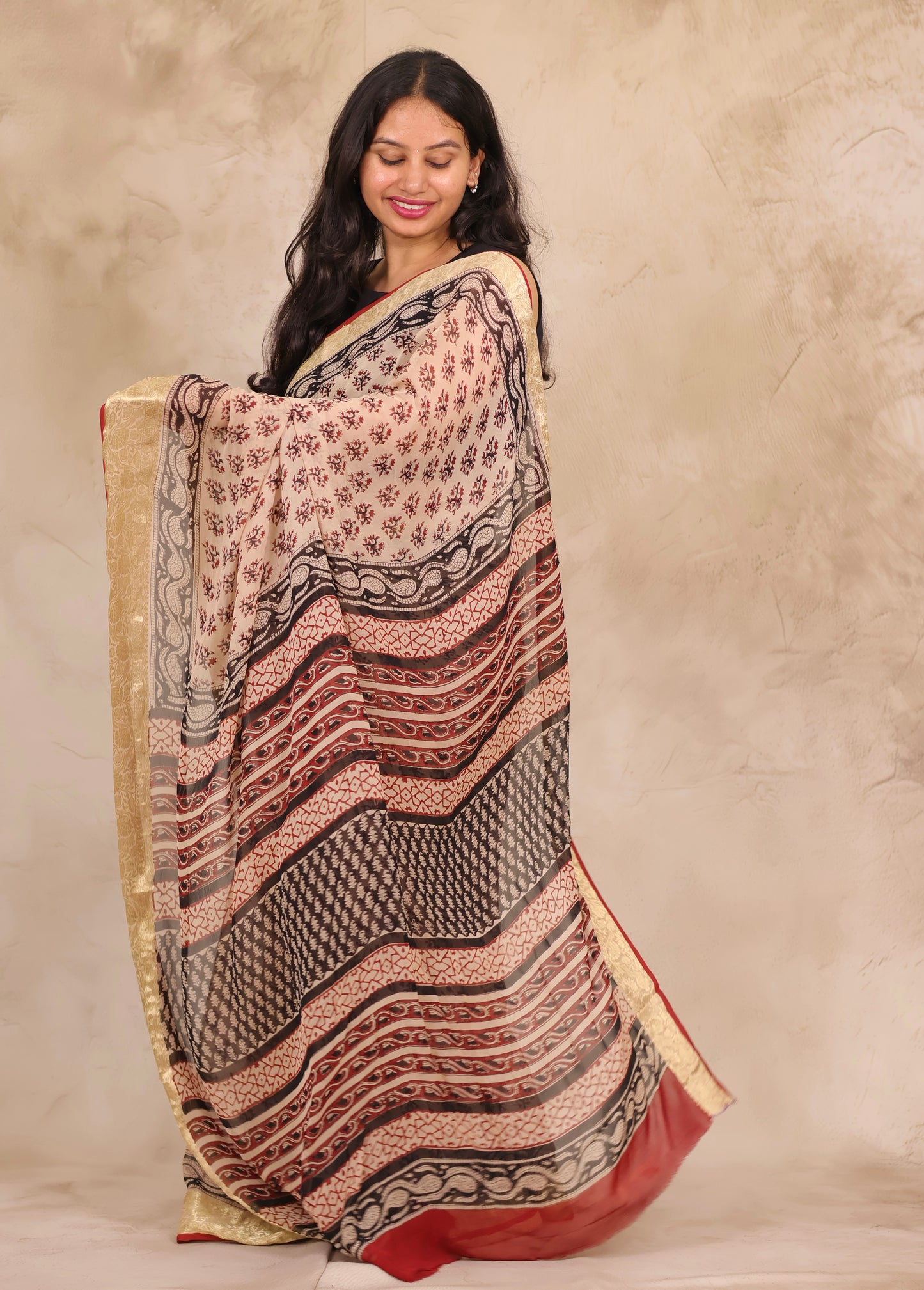 Cream Chiffon Hand Block Printed Saree with Jari Border | Looms & Tassels
