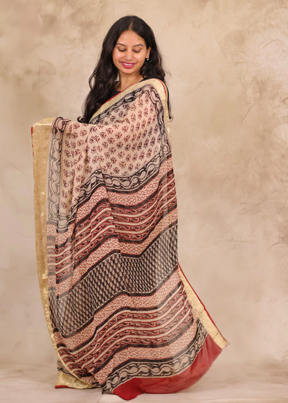 Cream Chiffon Hand Block Printed Saree with Jari Border | Looms & Tassels