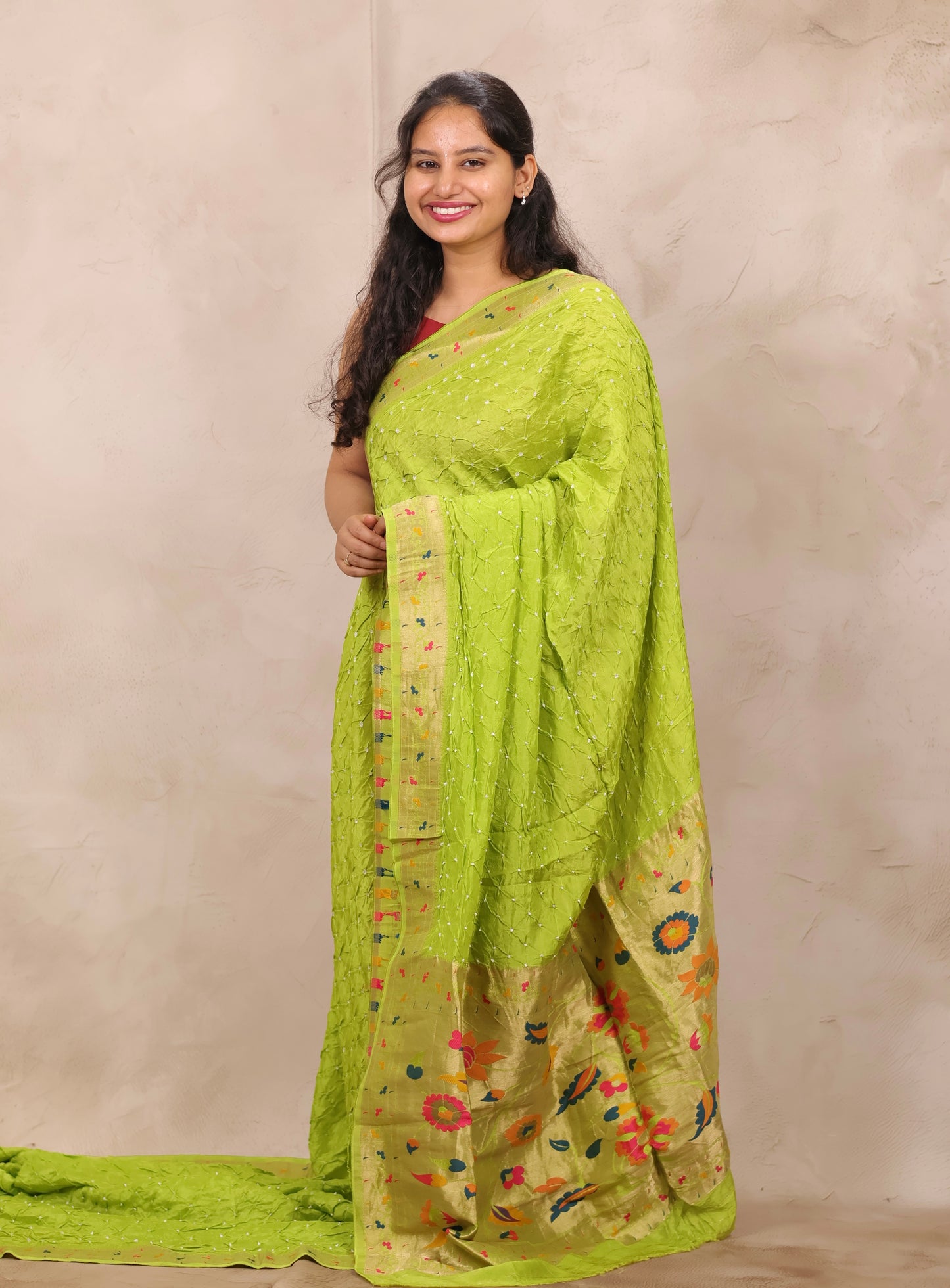 Lemon Green Handcrafted Bandhani Paithani Dola Silk Saree | Looms & Tassels