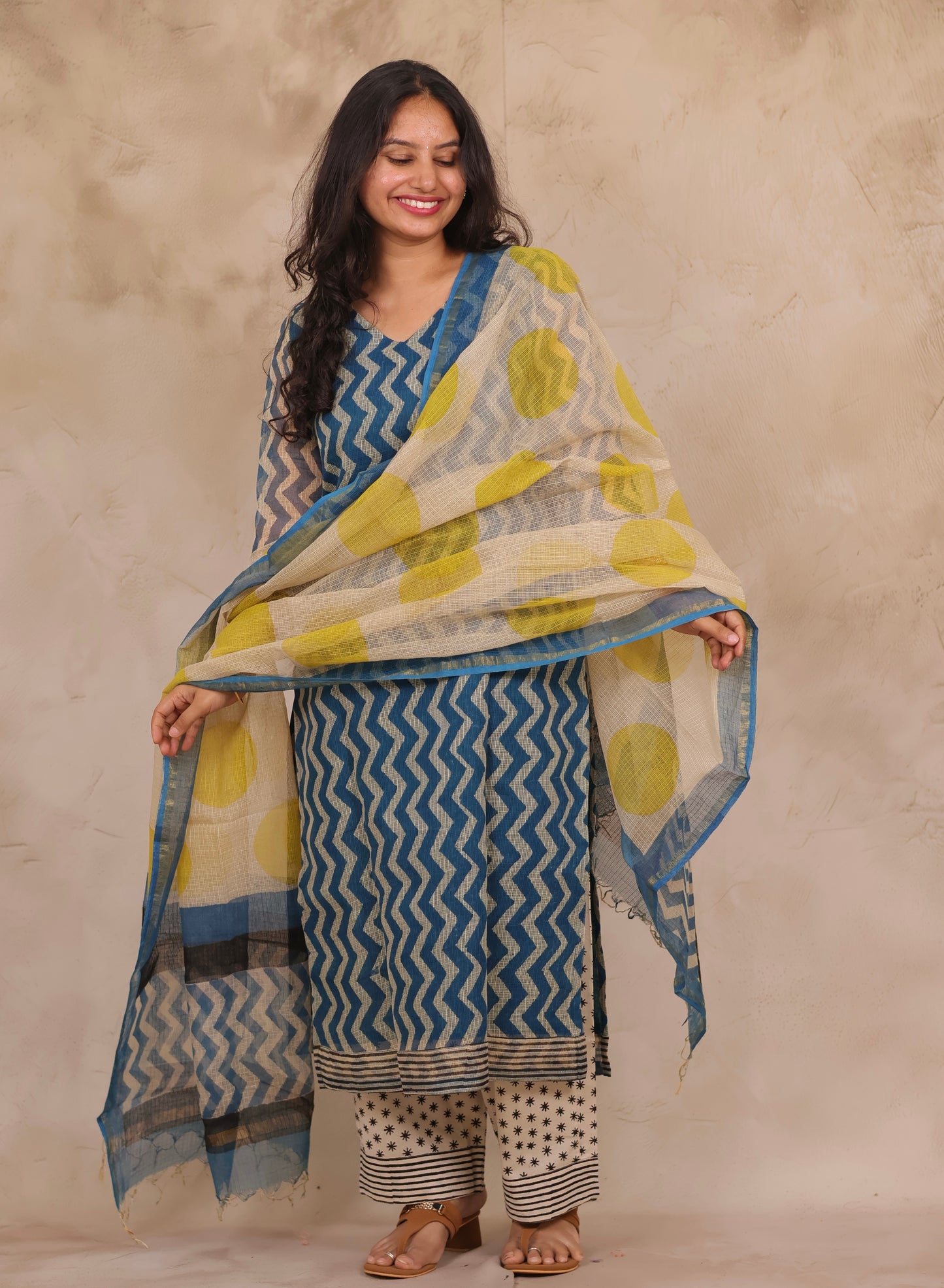 Cyan Blue Contemporary Handblock printed kota 3 piece suit (stitched)