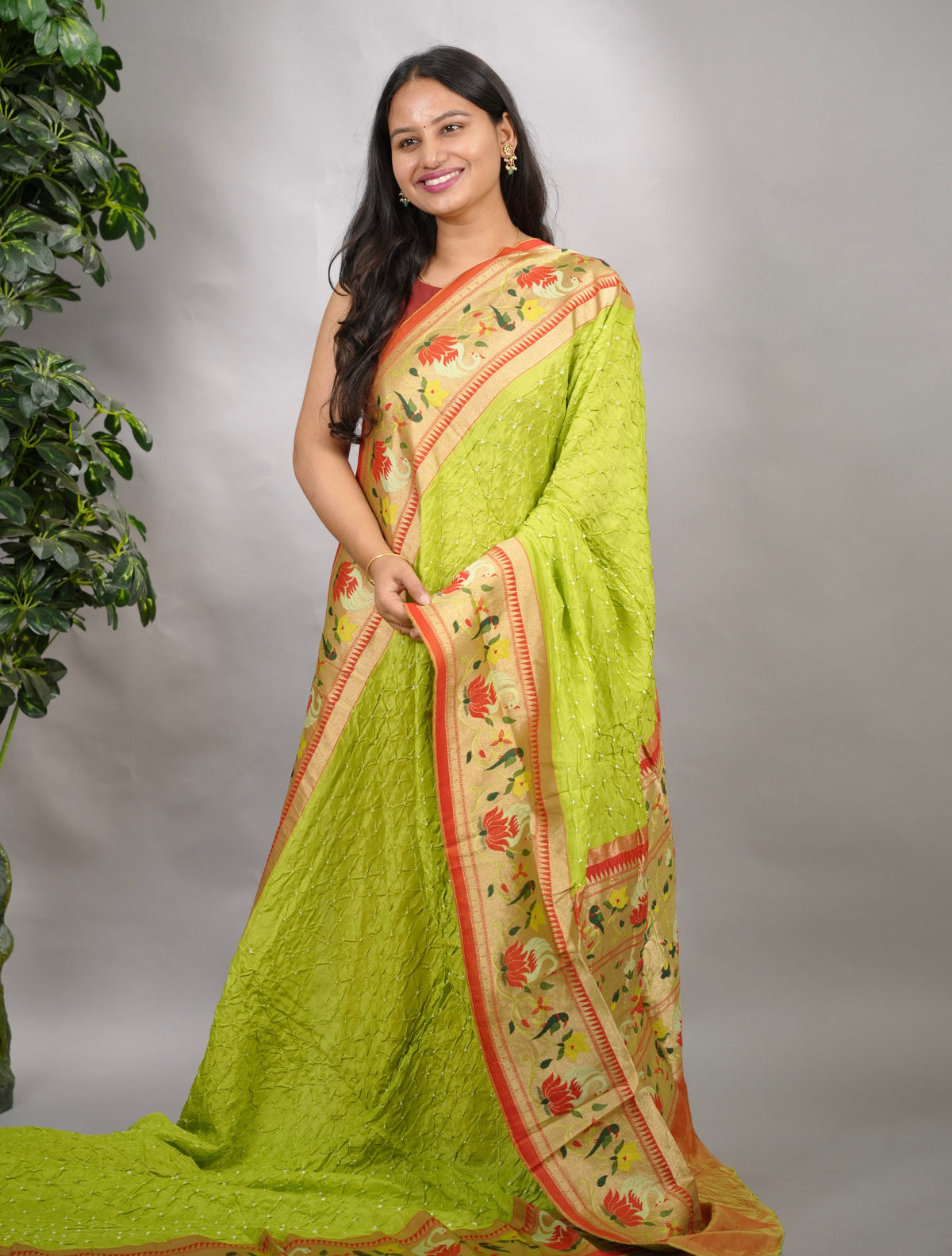 Parrot Green Handcrafted Bandhani Paithani Dola Silk Saree | Looms & Tassels
