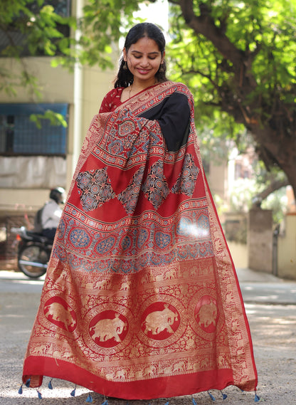 Black & Red Ajrakh Dola Silk Saree