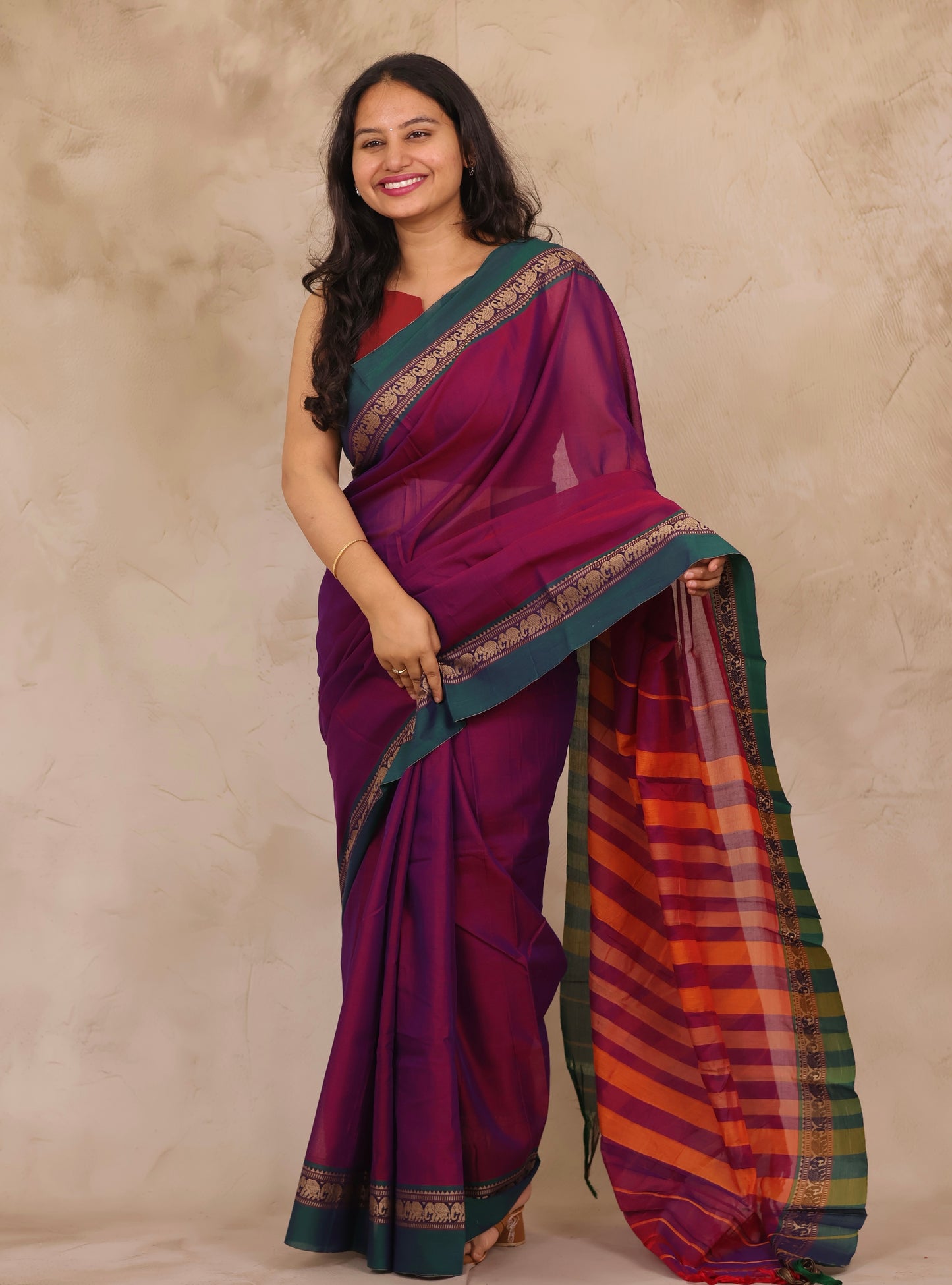 Magenta Narayanpet Cotton Saree with Elephant Border | Looms & Tassels