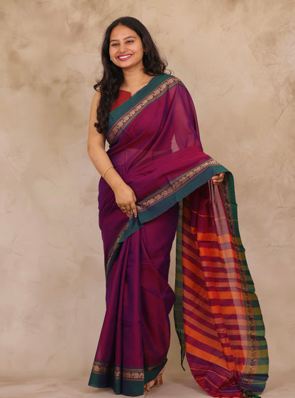 Magenta Narayanpet Cotton Saree with Elephant Border | Looms & Tassels
