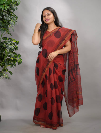 Rust Red Pure Kota Doria Saree with Bagru Handblock Prints