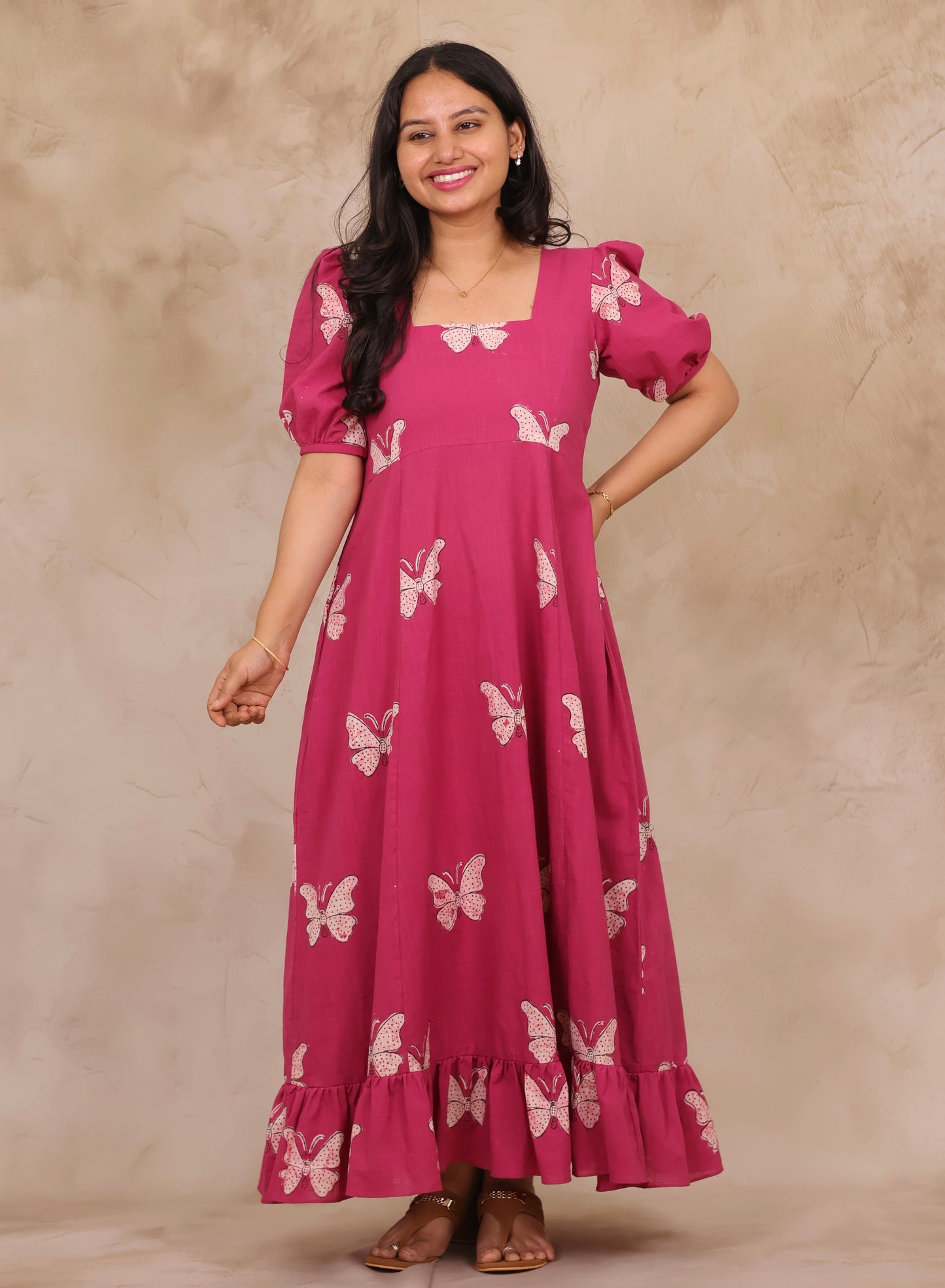Pink Butterfly Print Pure Mul Cotton Maxi Dress | Looms & Tassels
