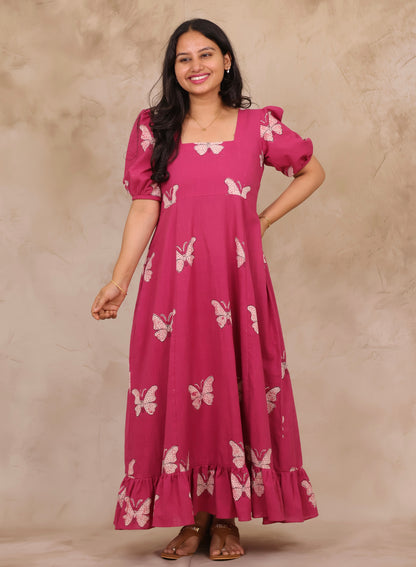 Pink Butterfly Print Pure Mul Cotton Maxi Dress | Looms & Tassels