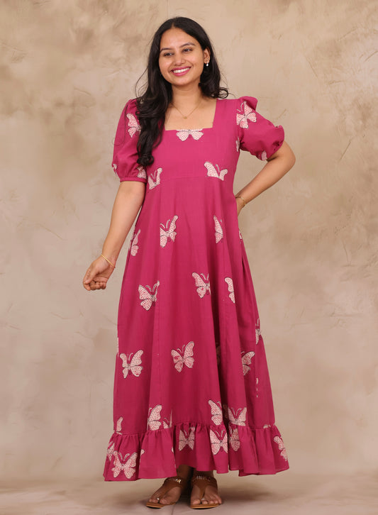 Pink Butterfly Print Pure Mul Cotton Maxi Dress | Looms & Tassels
