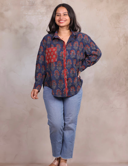 Indigo Ajrakh Handblock Printed Patch Work Shirt (Pure Cotton ) | Looms & Tassels