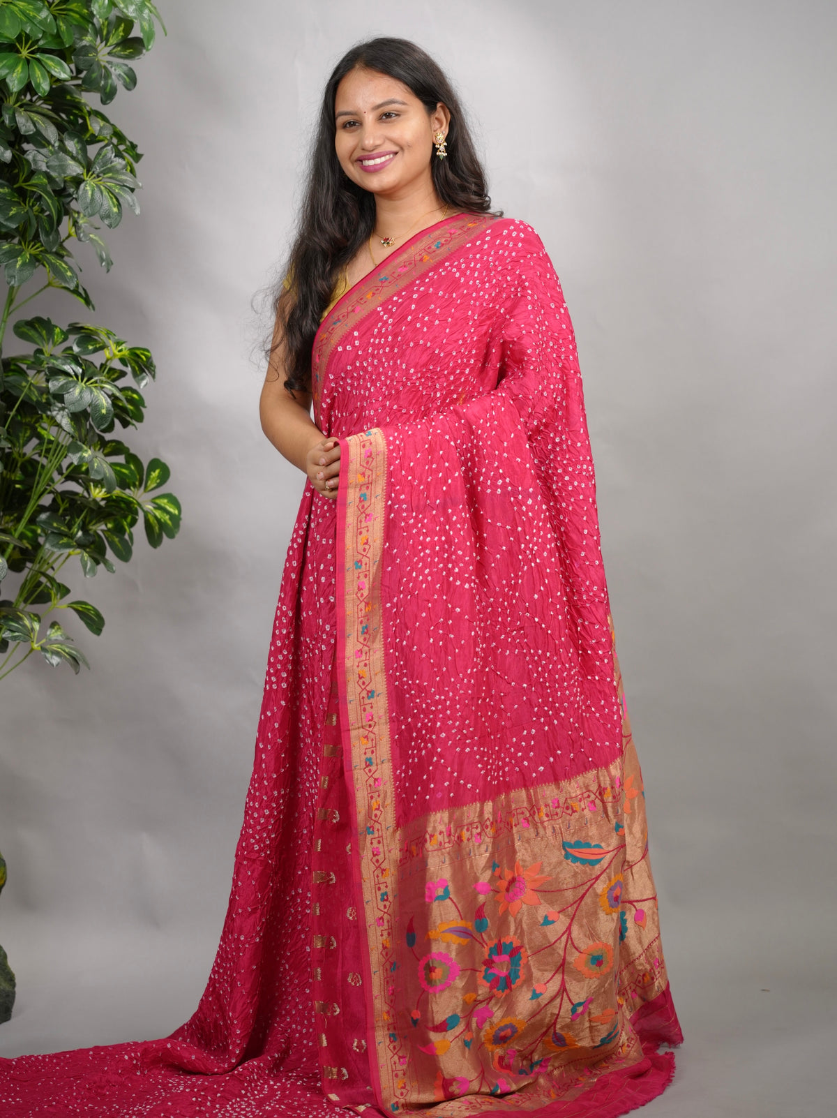 Pink Handcrafted  Pattern Bandhani Paithani Dola Silk Saree | Looms & Tassels