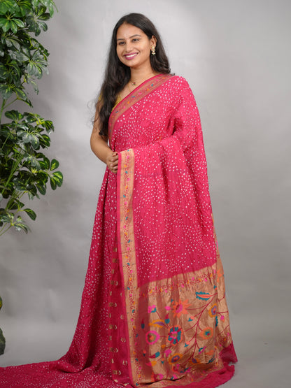 Pink Handcrafted  Pattern Bandhani Paithani Dola Silk Saree | Looms & Tassels