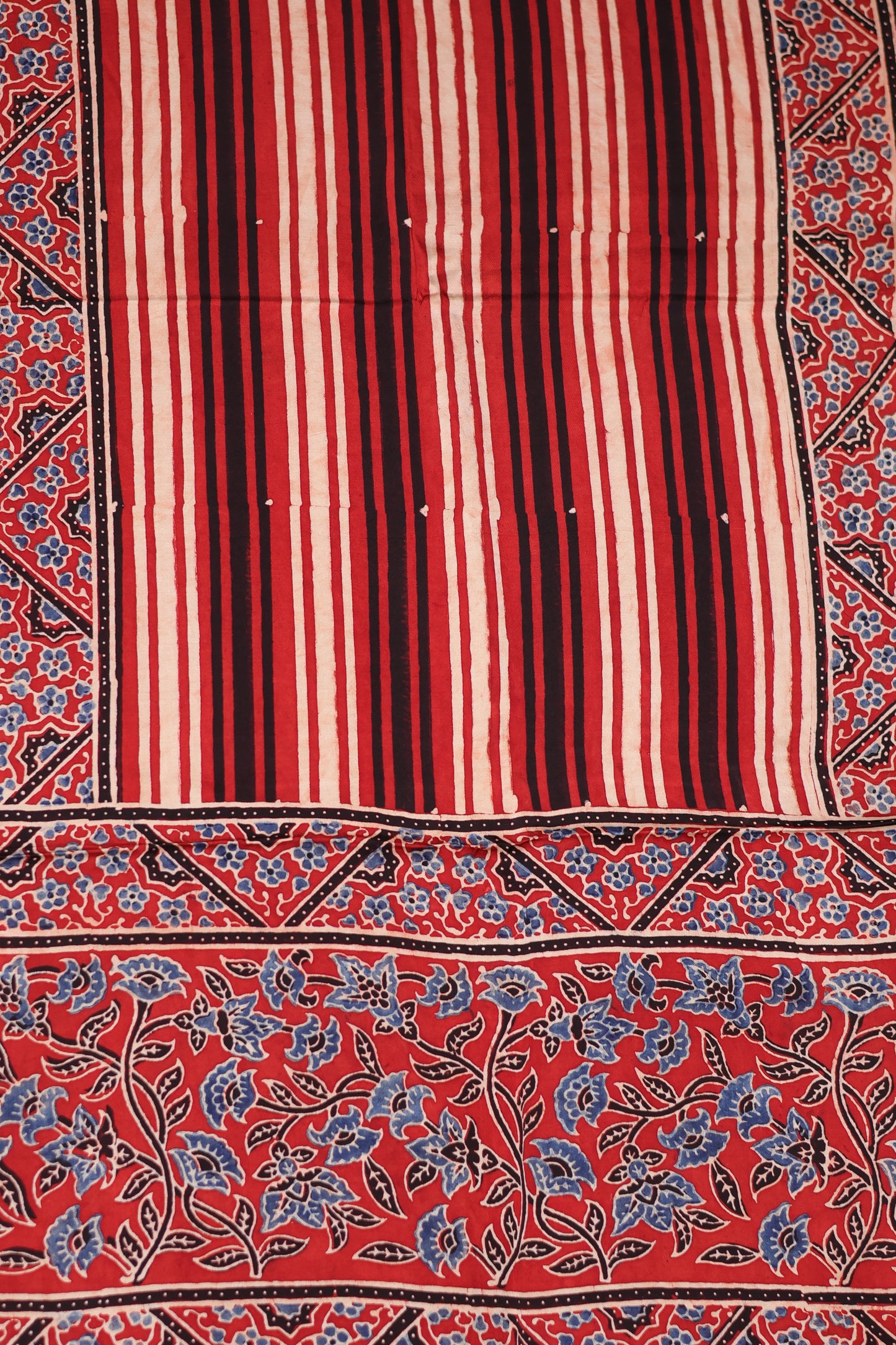 Red stripes Ajrakh Hand Block Printed Modal Silk Stole | Looms & Tassels