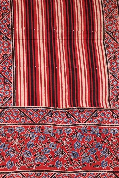 Red stripes Ajrakh Hand Block Printed Modal Silk Stole | Looms & Tassels