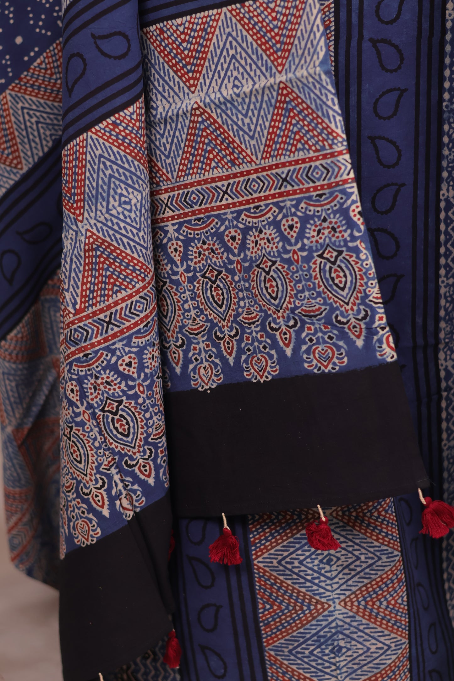 Indigo Ajrakh Handblock Printed Pure Cotton 3 piece suit set | Looms & Tassels
