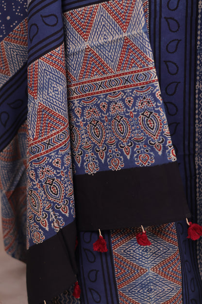Indigo Ajrakh Handblock Printed Pure Cotton 3 piece suit set | Looms & Tassels