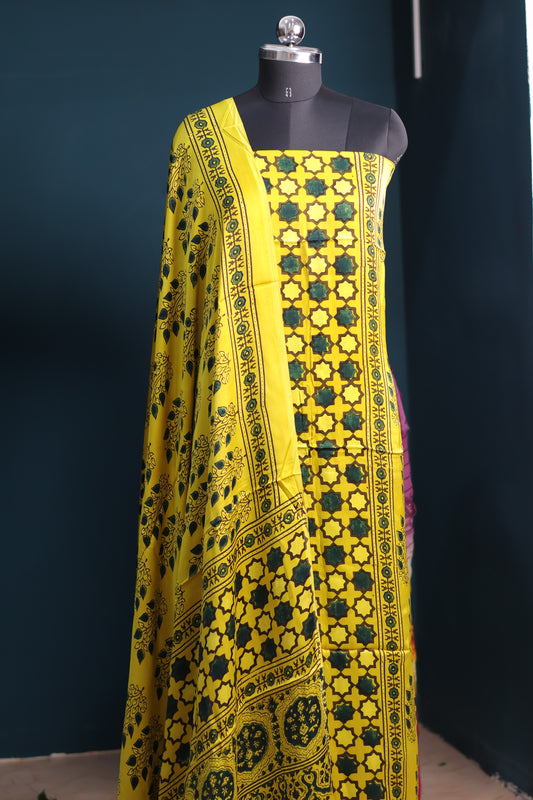 Mustard Handblock printed Ajrakh modal silk 2 piece suit set