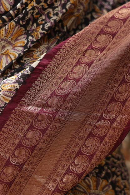 Black & Maroon Kuppadam Border Kalamkari Uppada Silk Saree