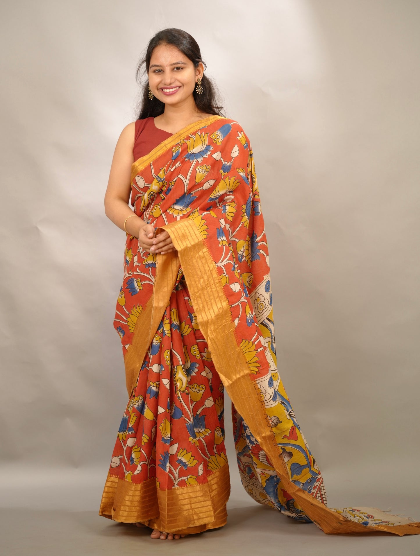 Rust Orange Kanchi border Kalamkari Chennur Silk Saree | Looms & Tassels