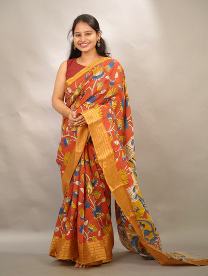 Rust Orange Kanchi border Kalamkari Chennur Silk Saree | Looms & Tassels