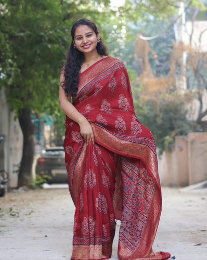 Maroon Butta Ajrakh Handblock Printed Dola Silk Saree