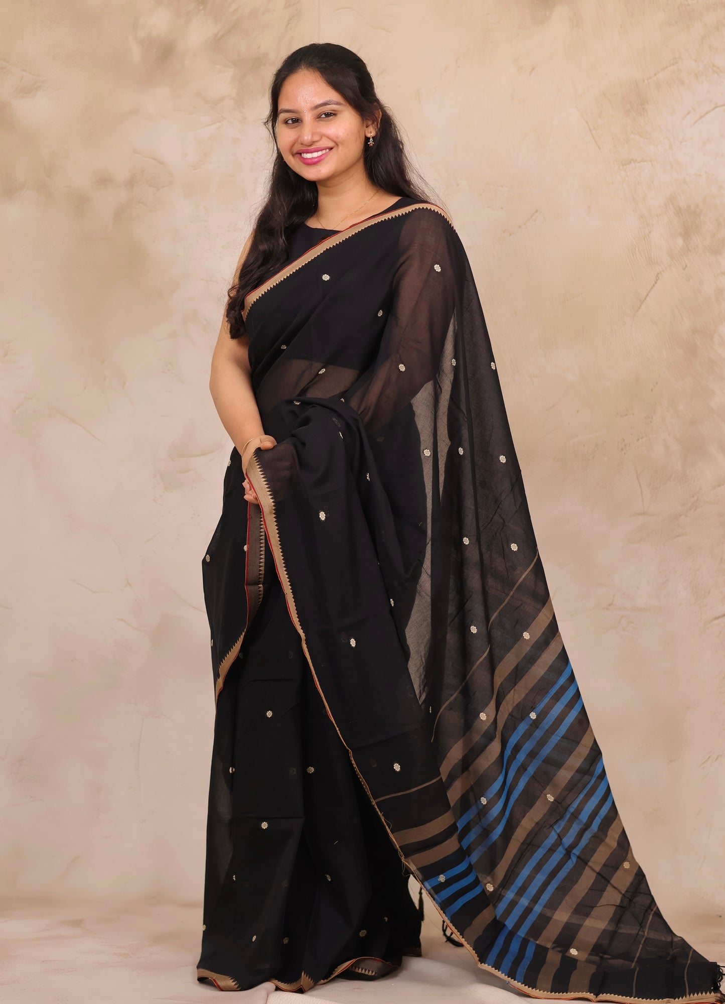 Black Narayanpet Cotton Saree With Butta Weaving | Looms & Tassels