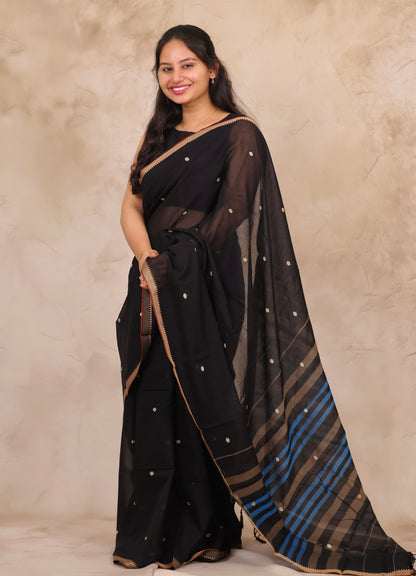 Black Narayanpet Cotton Saree With Butta Weaving | Looms & Tassels