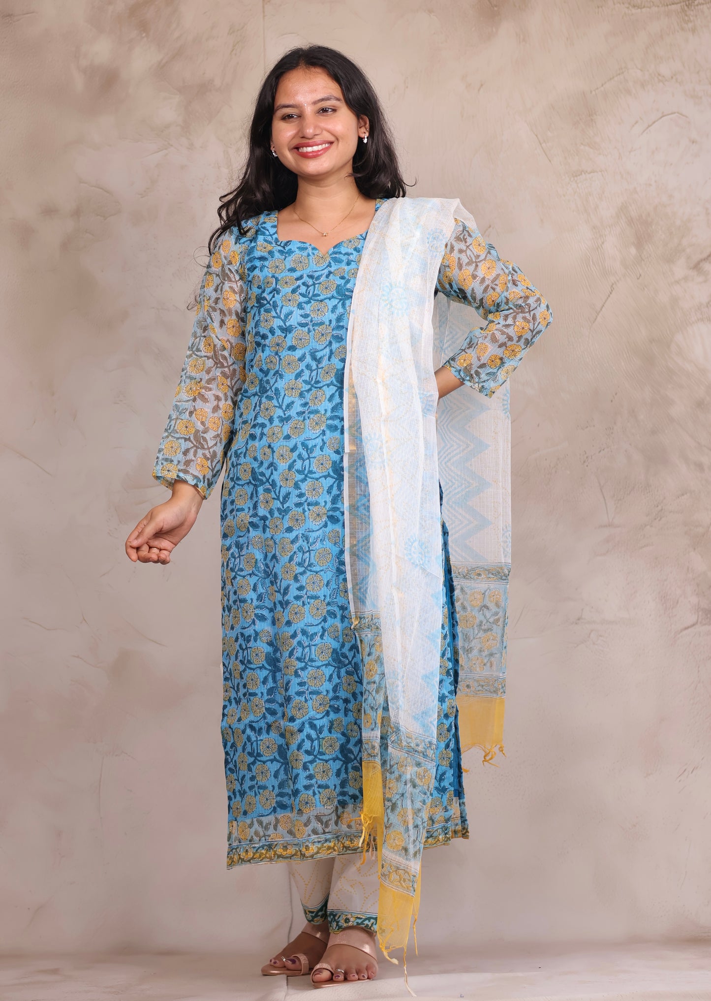 Sky Blue Bagru Handblock printed kota 3 piece suit (stitched)