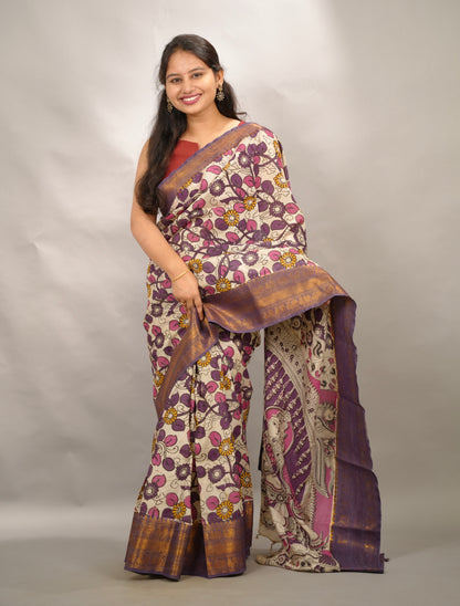 Off White Kanchi border Kalamkari chennur silk saree | Looms & Tassels