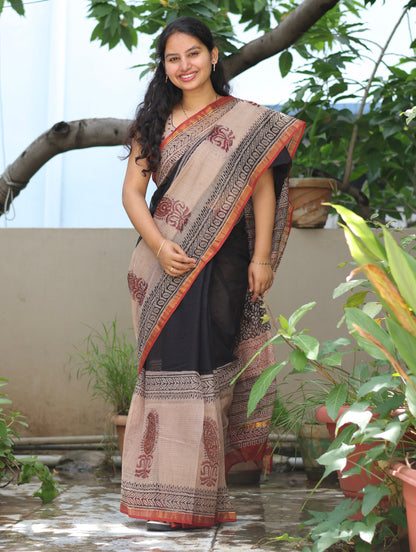 Bagru Hand block printed Kota Doriya Saree