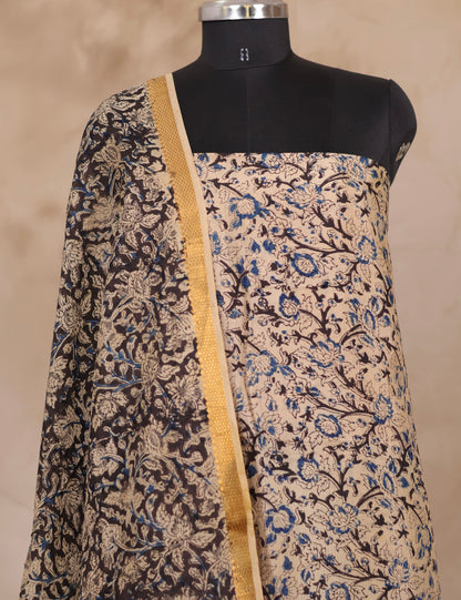 Hand Block Printed Kalamkari Unstitched 3pc Suit Set