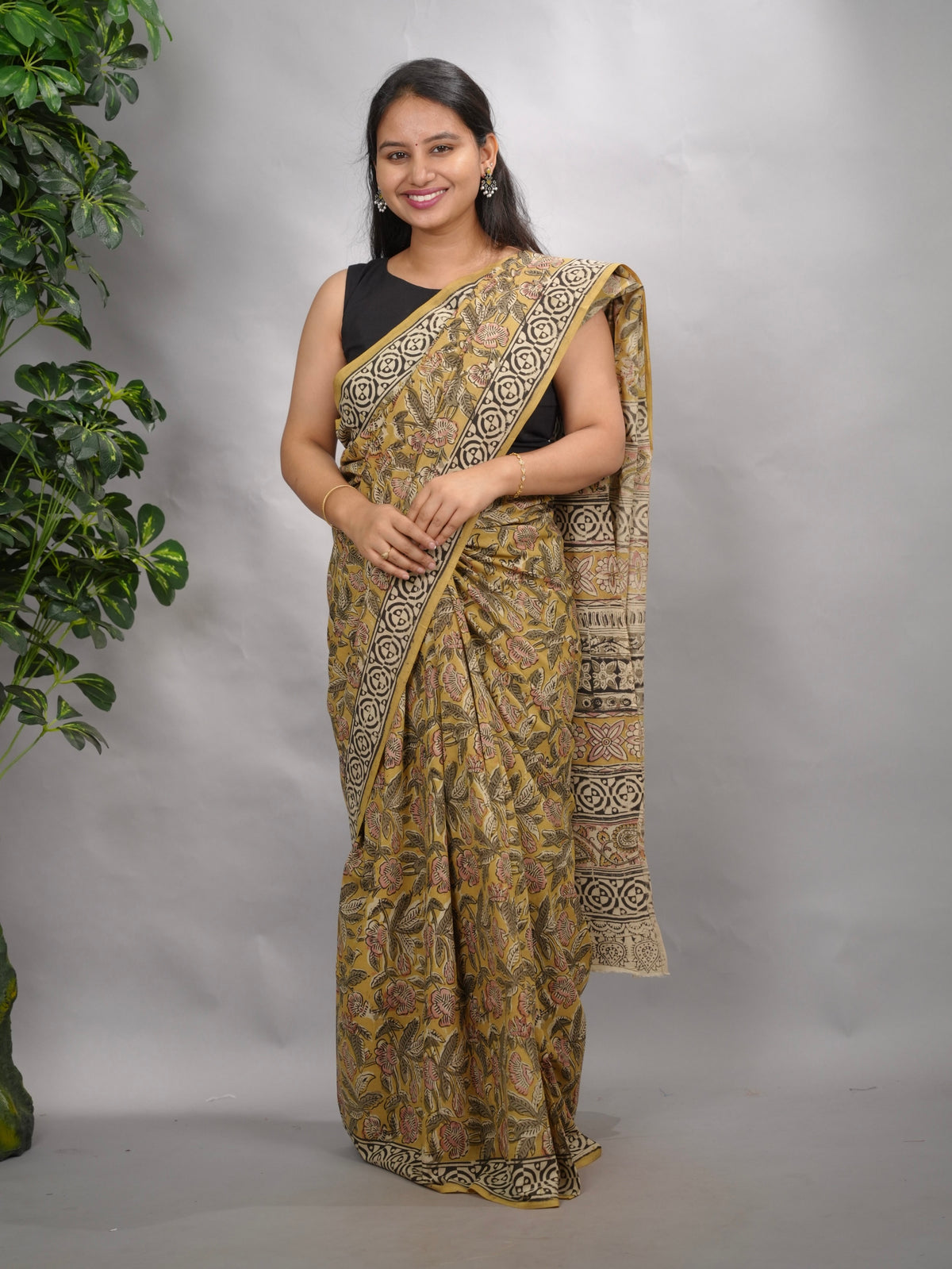 Mustard Hand Block Printed Kalamkari Cotton Saree | Looms & Tassels