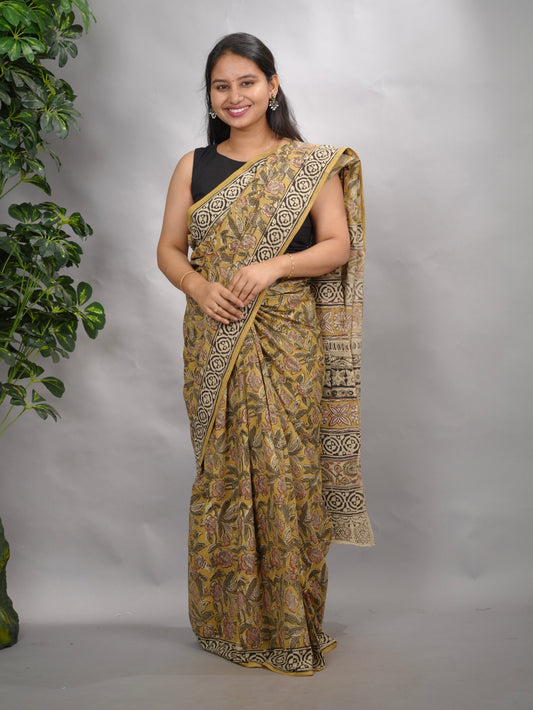 Mustard Hand Block Printed Kalamkari Cotton Saree | Looms & Tassels