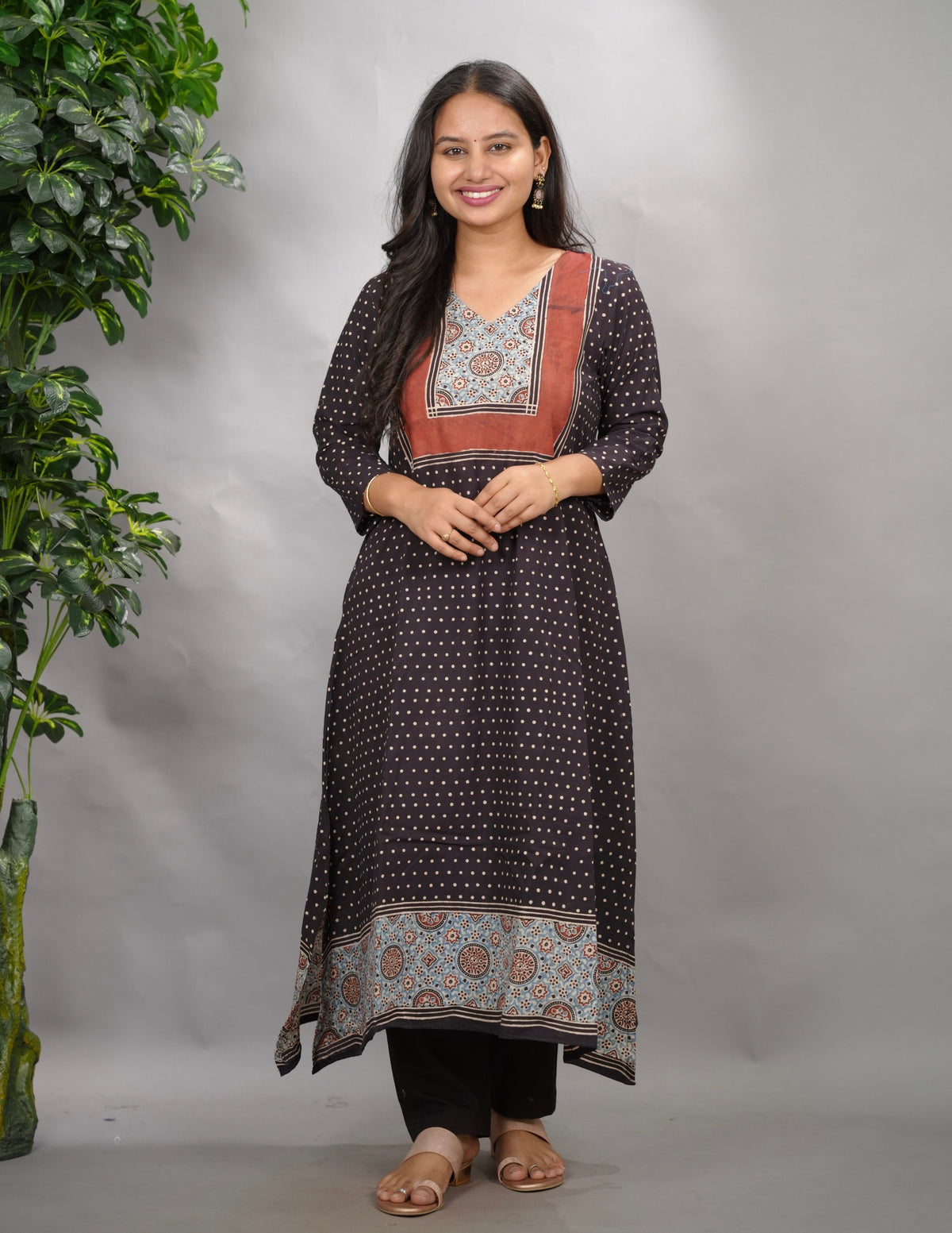 Black Ajrakh Pattern Hand Block printed Aline Kurti | Looms & Tassels