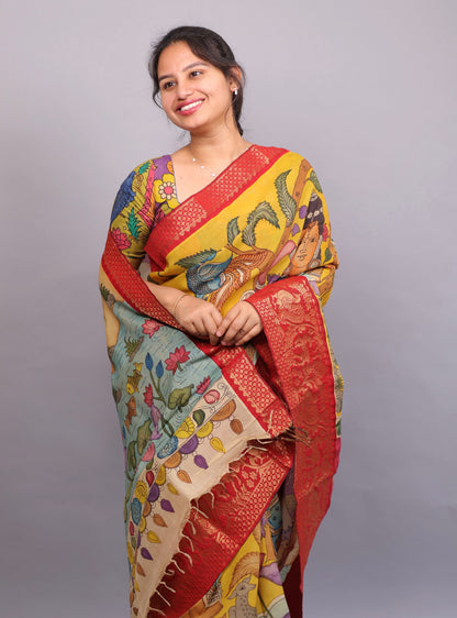 Hand Painted Pen Kalamkari Silk Saree