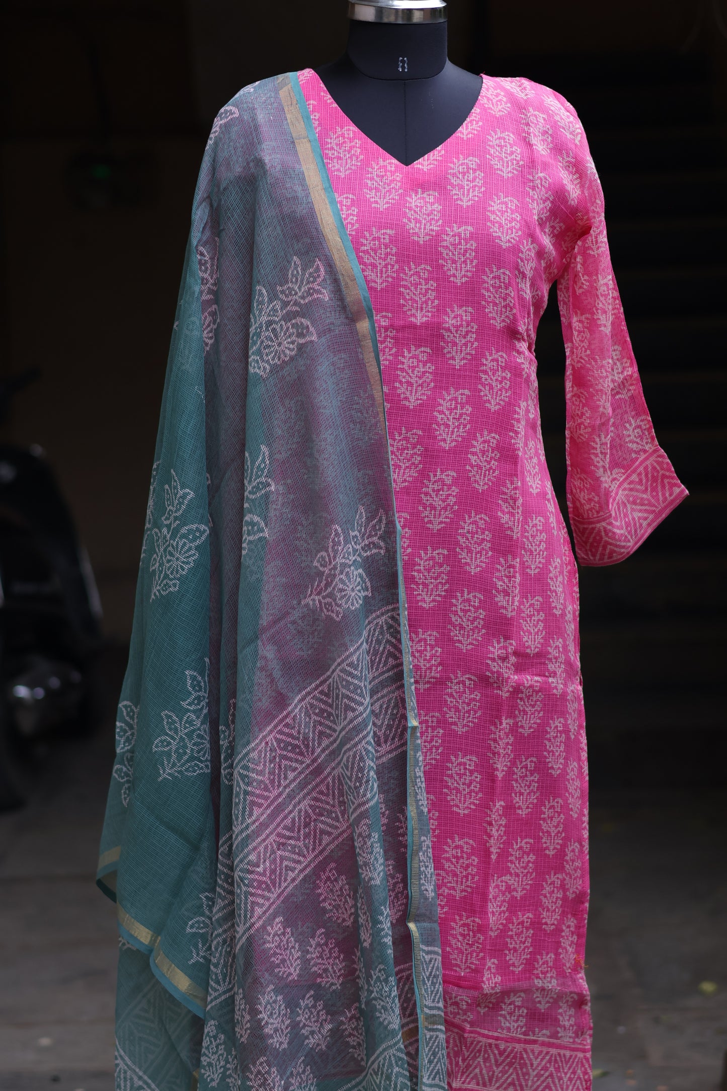 Pink Handblock printed kota 3 piece suit (stitched)