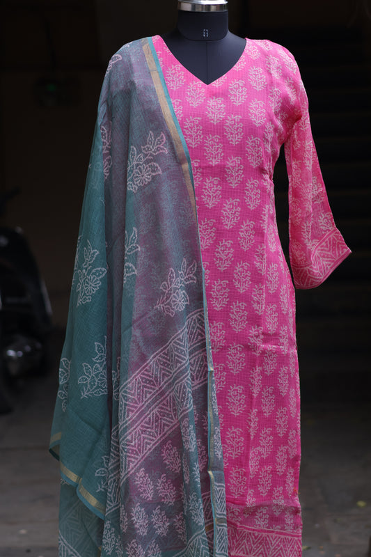 Pink Handblock printed kota 3 piece suit (stitched)
